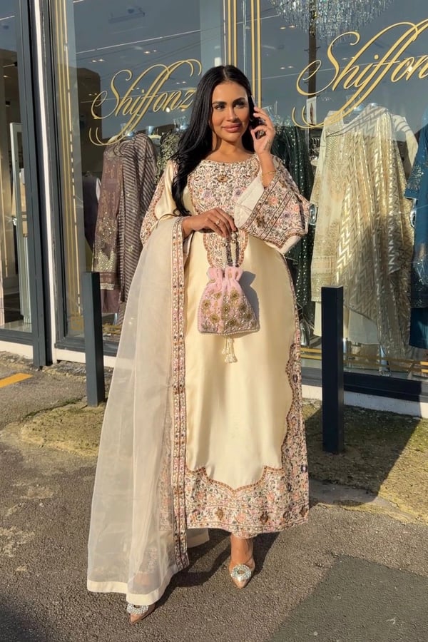 Shiffonz Eid edit 3 piece silk embroidered collection - Cream, X - Large