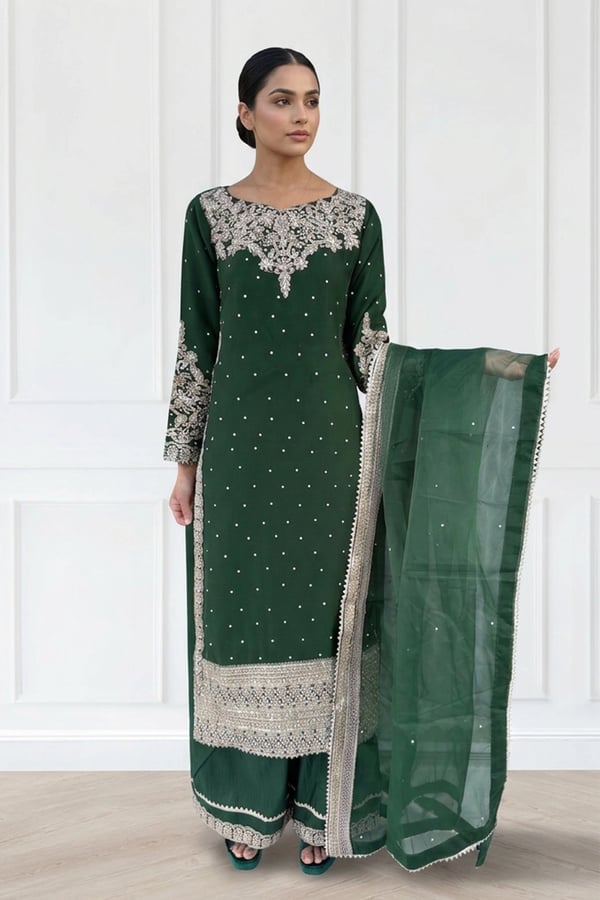 Albella premium collection 3 piece embroidered suit - DGREEN, XL