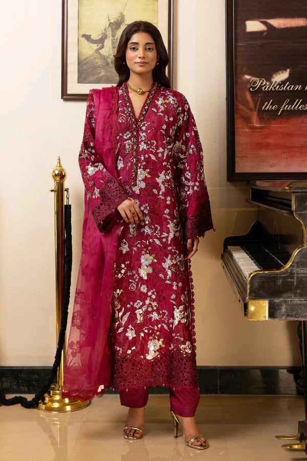 Shiffonz luxe collection 3 piece embroidered suit - Maroon, X - Large