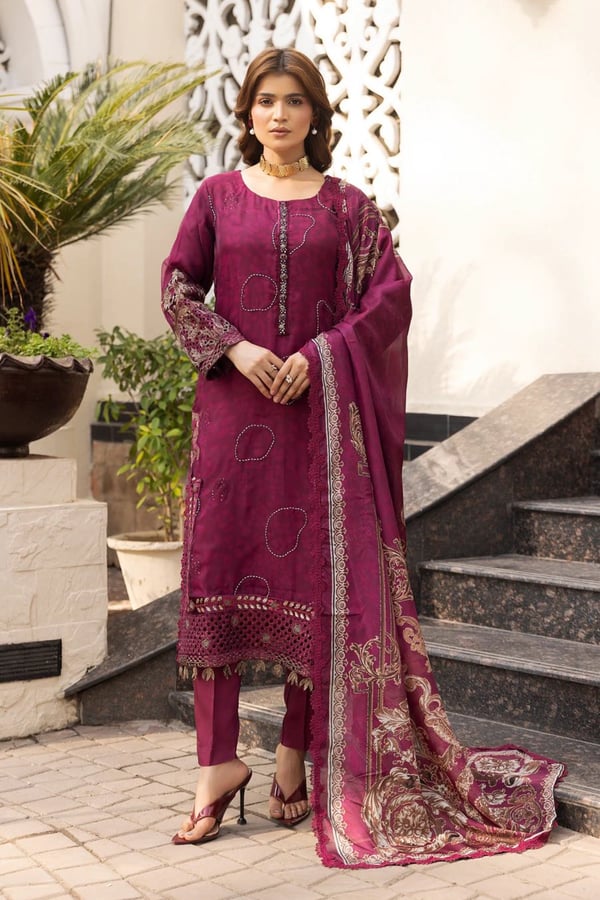 Shiffonz luxe collection embroidered 3 piece suit - MARON, X - Large