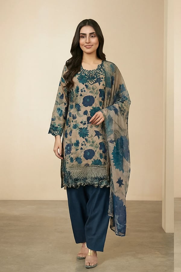 Sapphire lux 3 piece printed Eid collection - Blue, X - Large