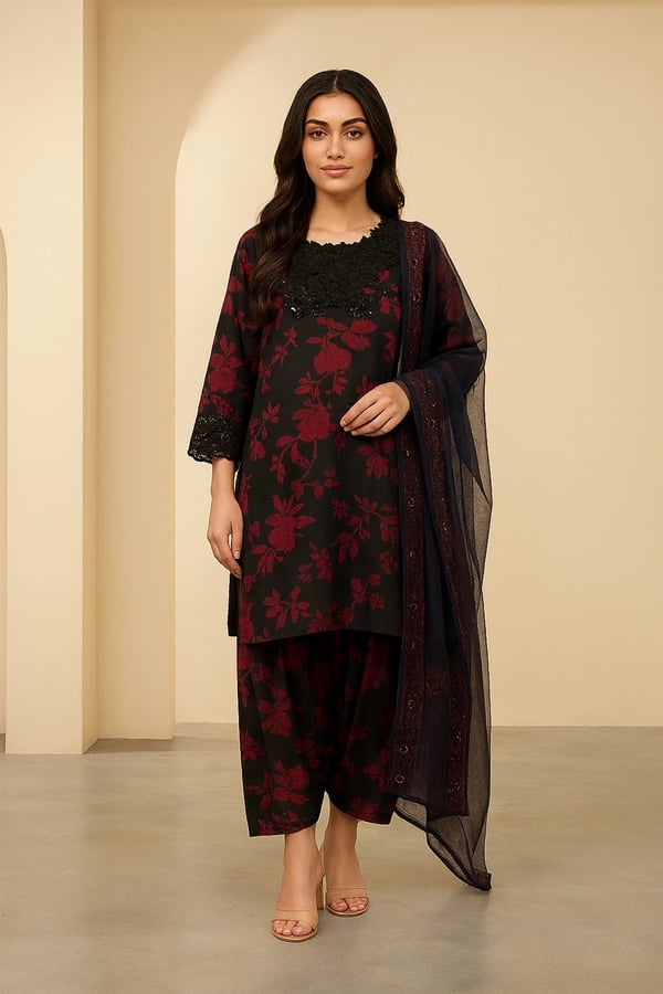 Sapphire 3 piece luxury embroidered suit - Black, X - Large