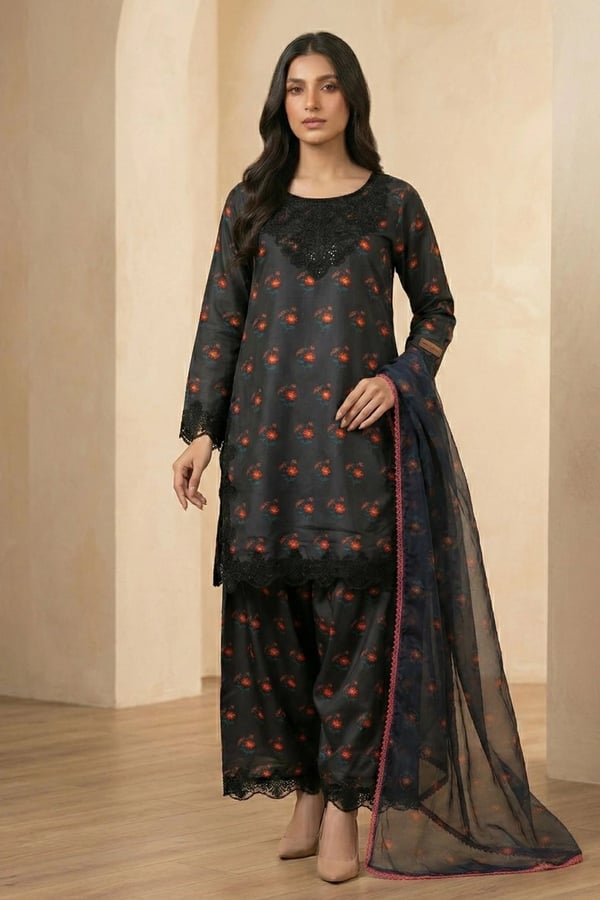 Sapphire lux embroidered 3 piece suit - Black, X - Large