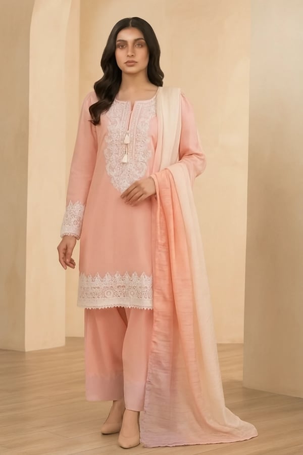 Sapphire Eid 3 piece lux embroidered suit - Peach, Large