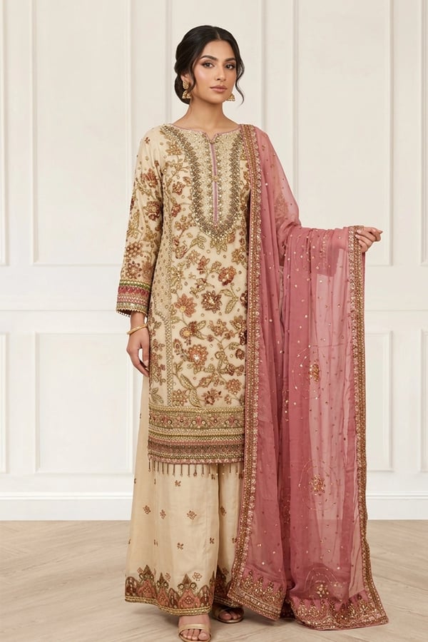 Shiffonz broq 3 piece embroidered plazo suit - Gold, X - Large