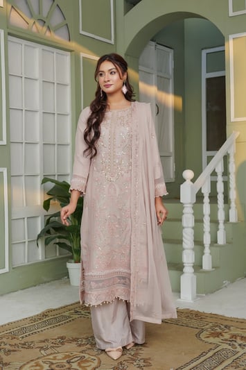 Shiffonz 3 piece luxe embroidered Eid collection - Beige, Small