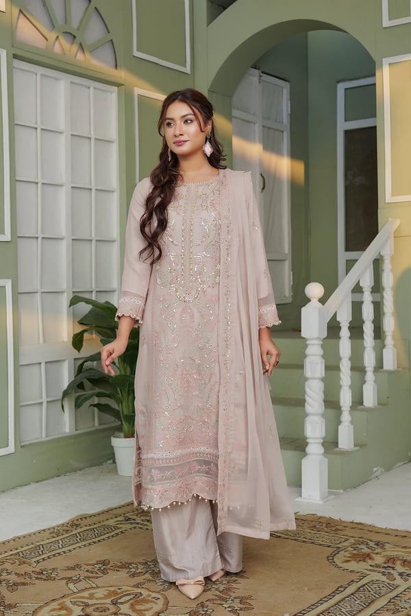 Shiffonz 3 piece luxe embroidered Eid collection - Beige, X - Large