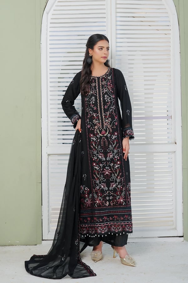 Shiffonz 3 piece luxe embroidered Eid collection - Black, X - Large