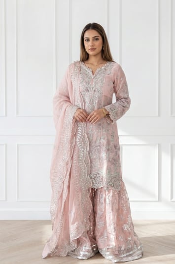 Amna luxury collection 3 piece embroidered suit - Pink, X - Large