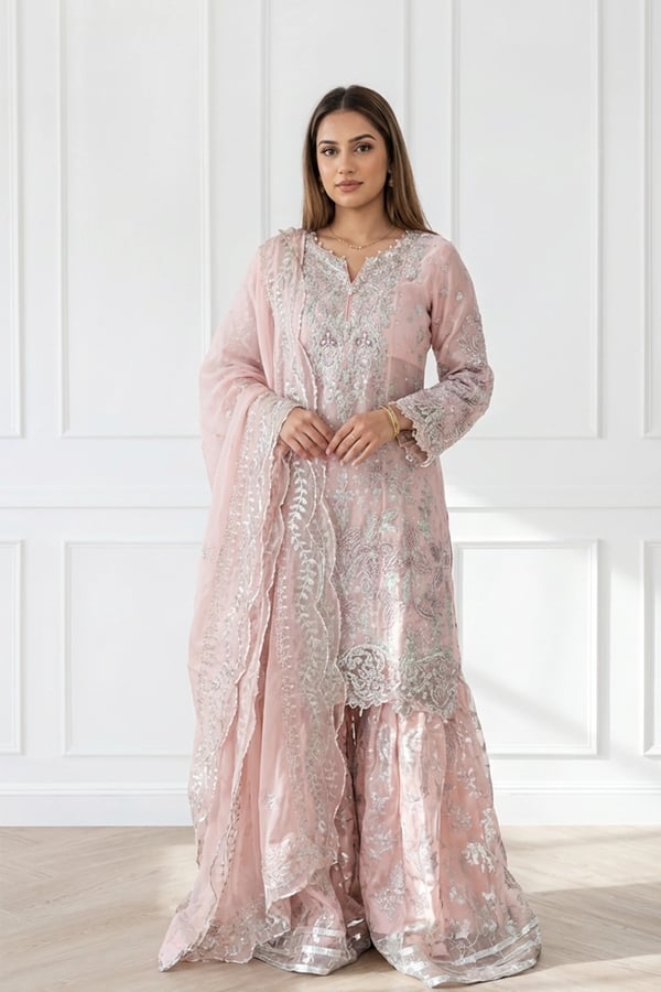 Amna luxury collection 3 piece embroidered suit - Pink, X - Large