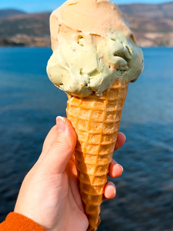 Person holding an icecream cone in front of Okanagan Lake