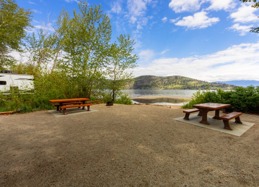 Lakeside campsite at Bear Creek with a blue sky