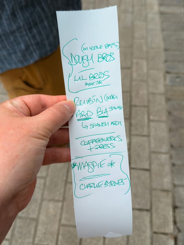 Handwritten restaurant recommendations on a receipt.