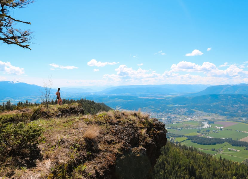 Woman standing on a bluff at the summit of the Enderby Cliffs hike, overlooking the North Okanagan Valley on a sunny day.