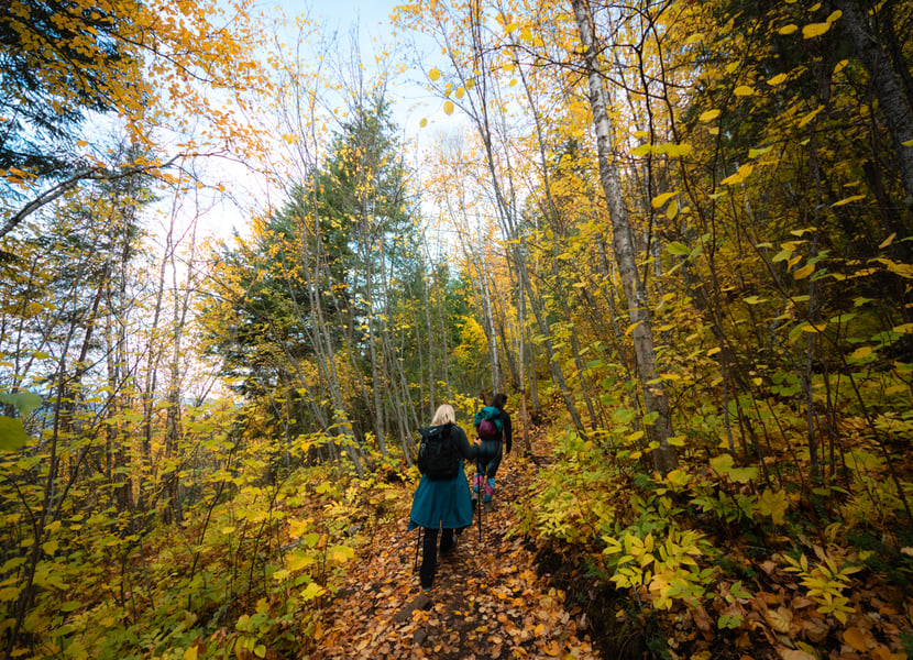 Women hiking the Enderby Cliffs trail in the fall with colourful trees all around.