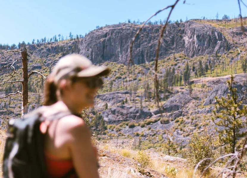 Blurry photo of woman looking over a dry landscape
