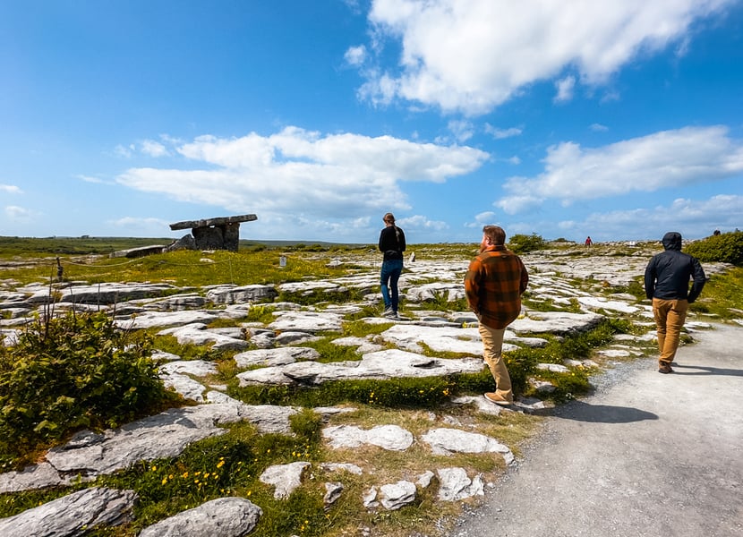 The gravel path to Poulnabrone Dolmen surrounded by the limestone pavement of the Burren.
