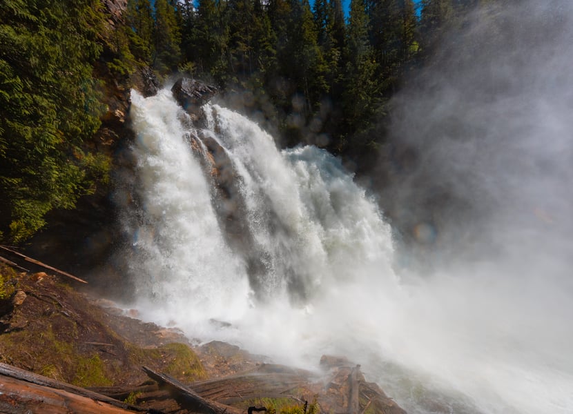 Water thunders over Rainbow Falls in Monashee Provincial Park in June