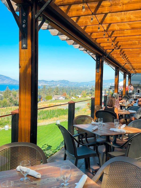 The restaurant patio at Summerhill Organic Winery with views overlooking Okanagan Lake