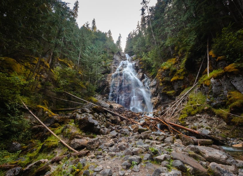 Large, cascading waterfall in the forest