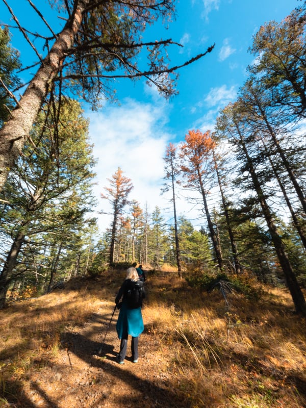 Woman hiking along the top of the mountain.