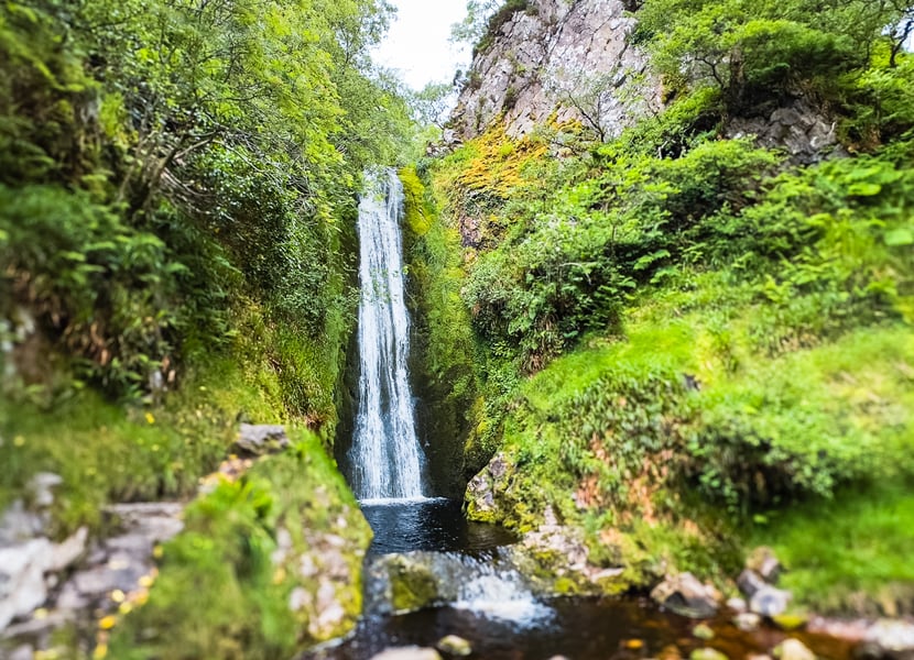 Glenevin Waterfall is surrounded by lush greenery.