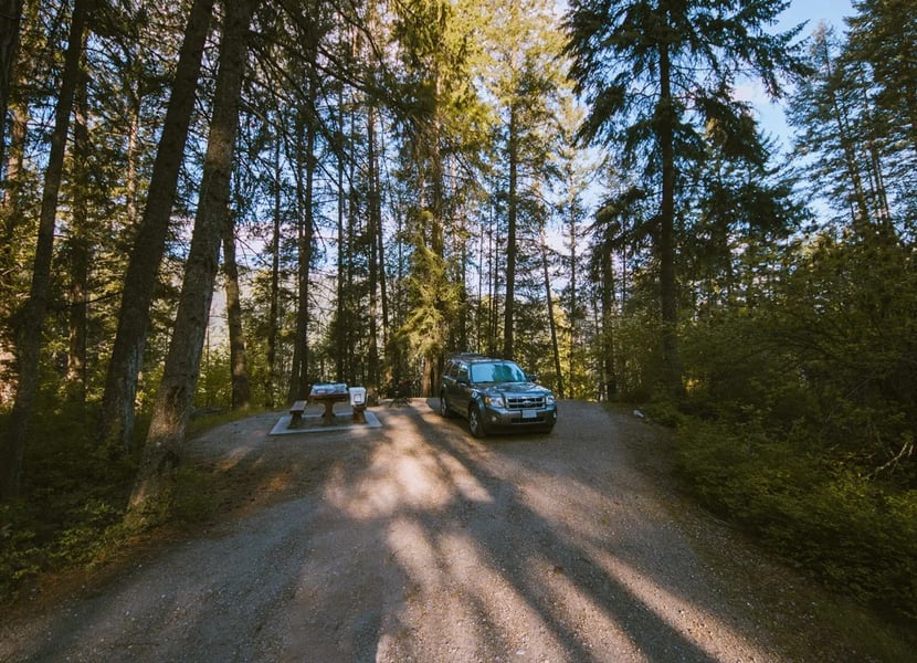 SUV at a campsite at Texas Creek campground. Surrounded by trees.