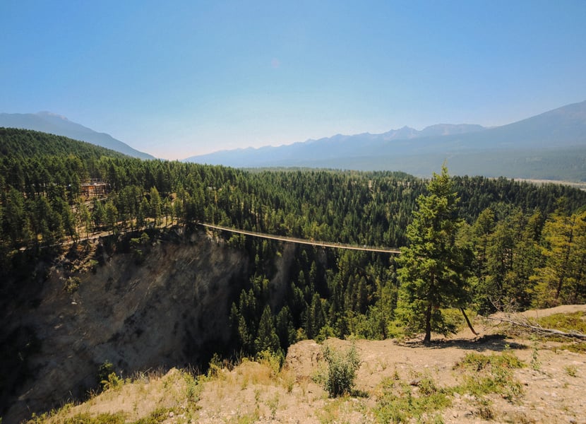 View of the Lower Skybridge at the Golden Skybridge Adventure Park. The view is a wide angle of the suspension bridge, canyon, huge forest, and beautiful mountains.