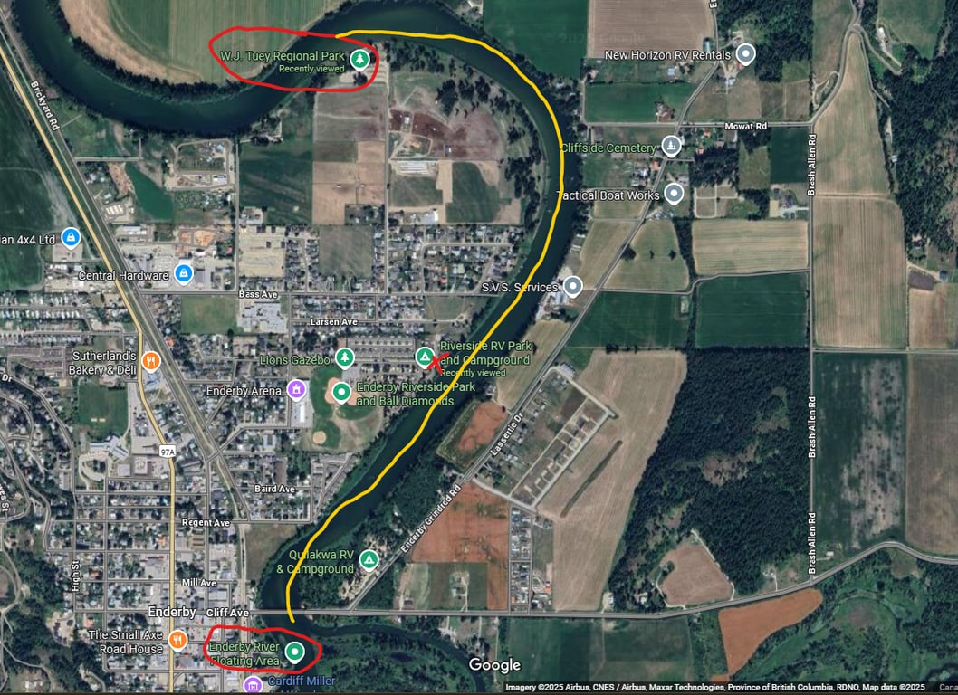 Enderby River Float map: Belvidere Park to Tuey Park Route
