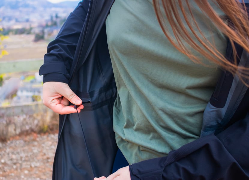 Closeup of the waist cinche on a rain jacket. 