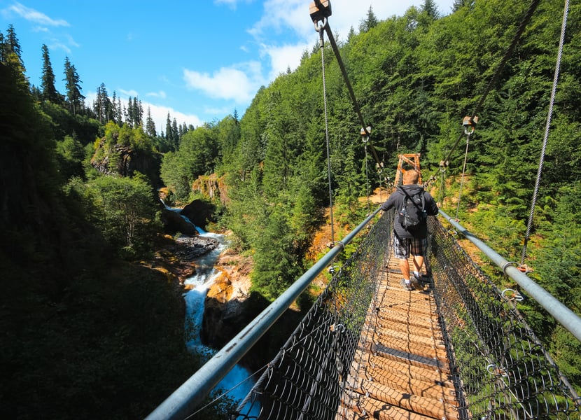 View of the Lava Canyon Suspension Bridge spanning a deep gorge above the Muddy River, surrounded by volcanic rock near Mount St. Helens