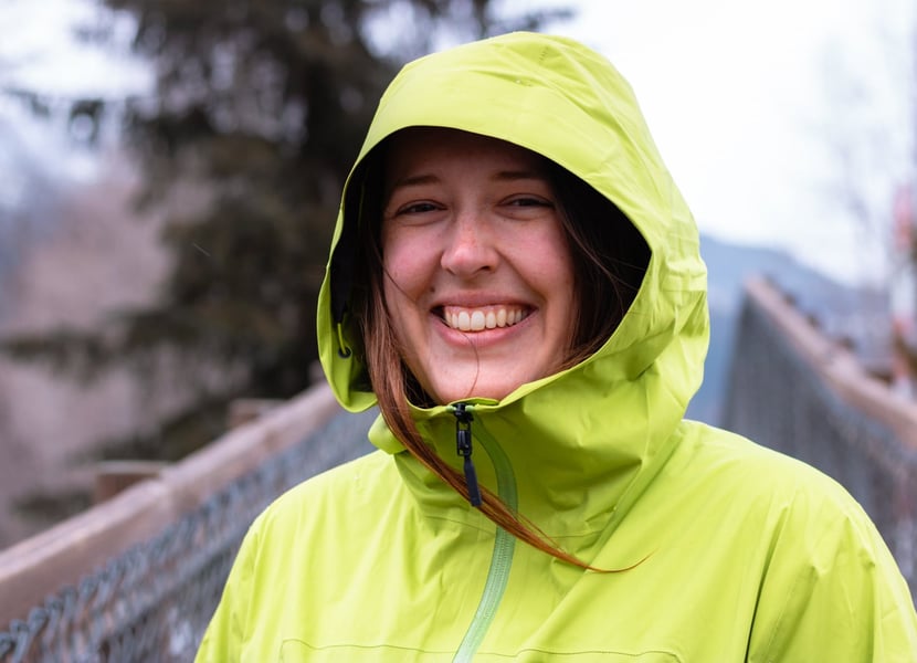 Woman wearing the women's Black Diamond StormLine stretch rain jacket.