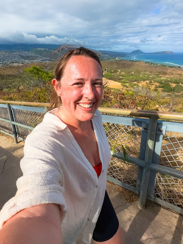 Selfie of a woman hiking.