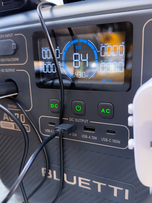 Close up of the front of the power station with USB plugged into it.