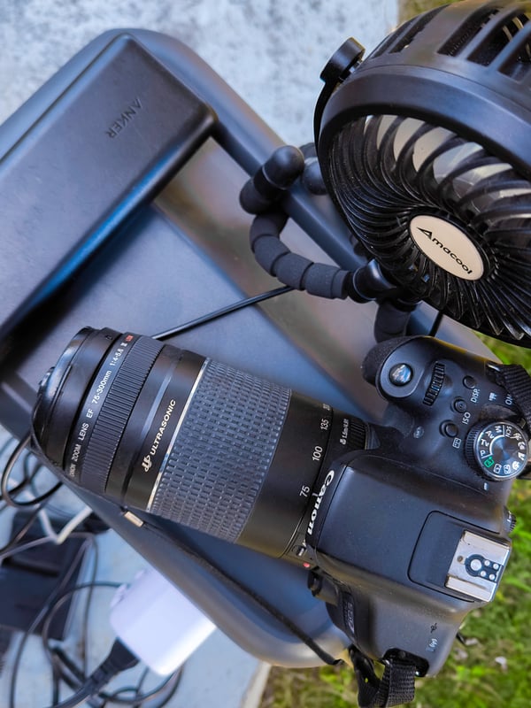 Top view of a mini fan, digital camera, and power bank sitting on the top of the power station.