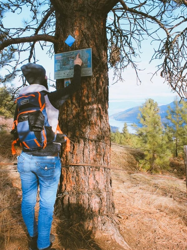 Woman pointing to a trail map that's nailed to a tree.