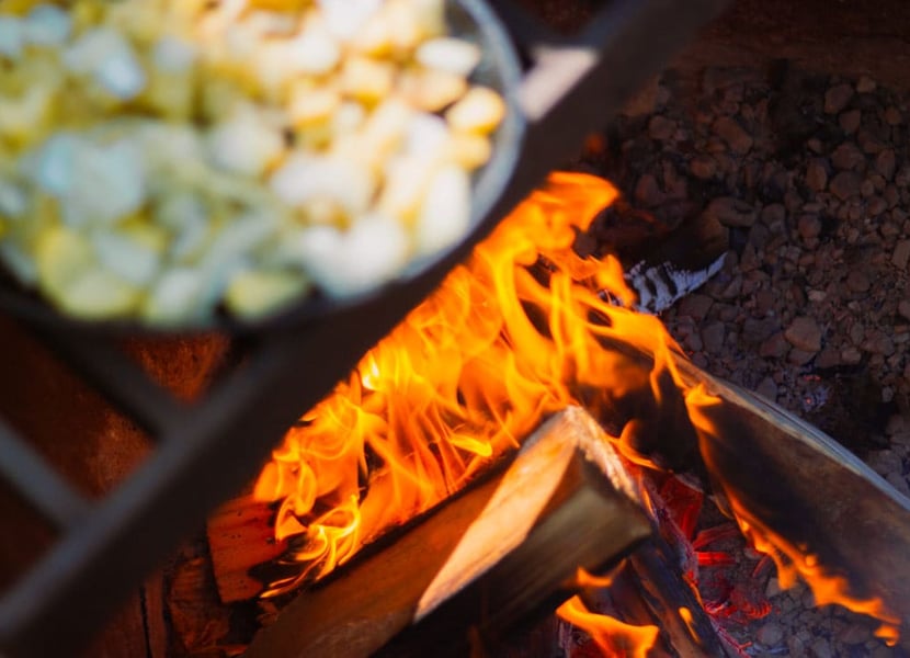 Closeup of firepit with food on the grill.