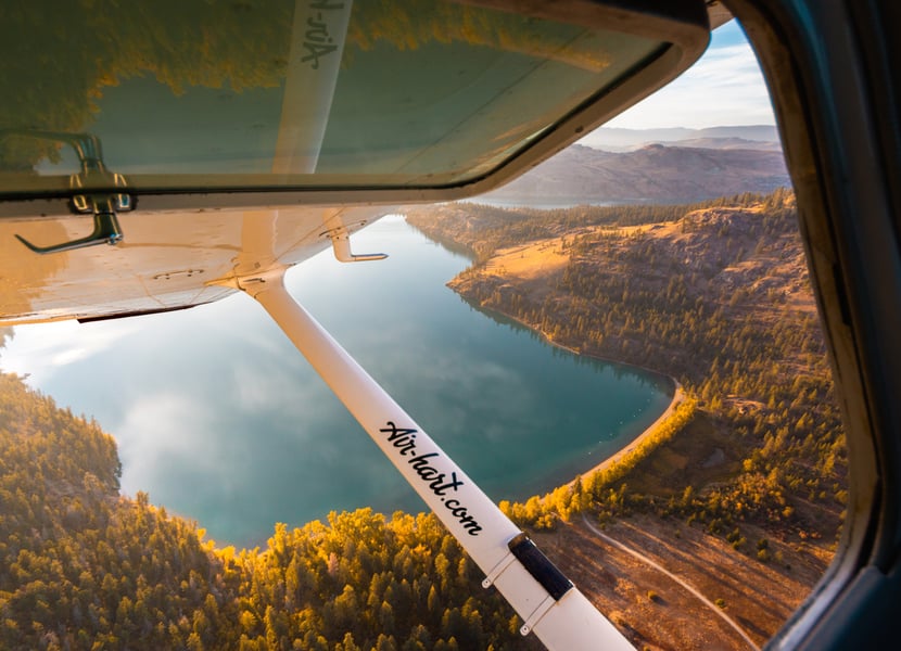 View of Cosens Bay from the window of a float plane