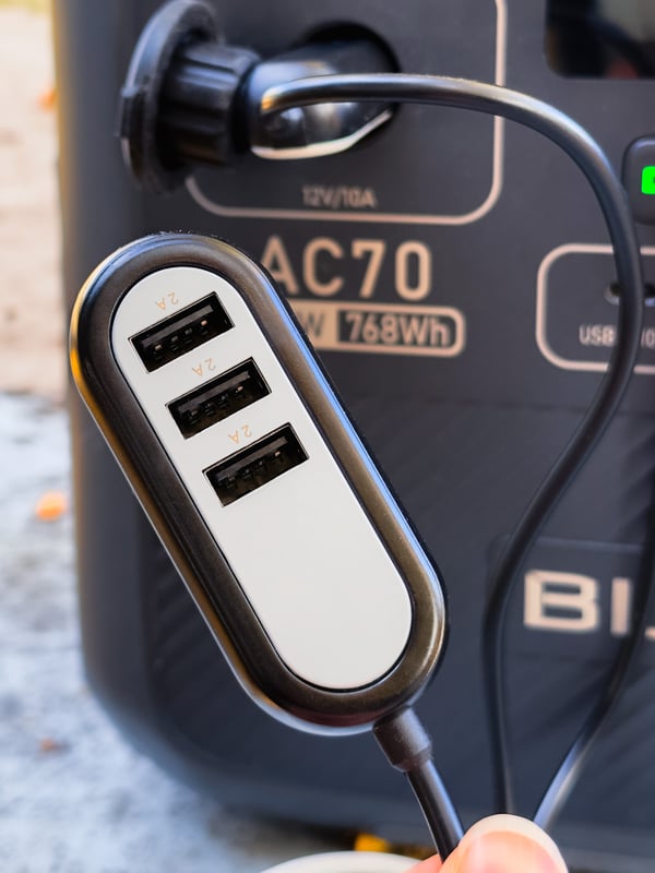 Close up of a USB adapter plugged into the power station.