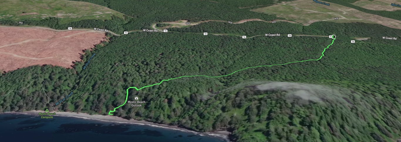 Map of the Mystic Beach trail route, showing the path through Juan de Fuca Provincial Park to Mystic Beach.
