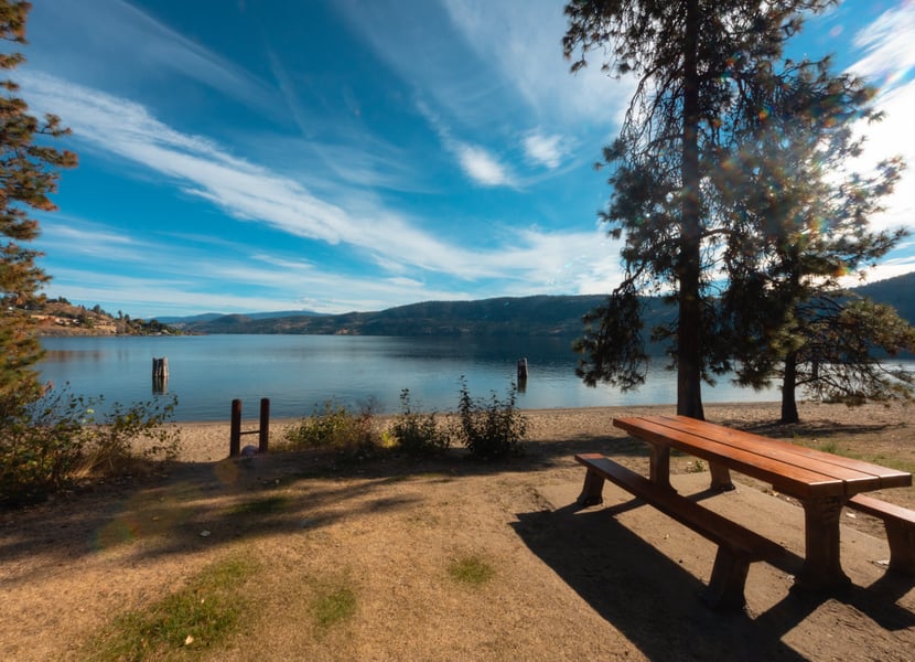 Picnic table at Bear Creek Provincial Park day-use. Okanagan Lake and a beach are in the background.