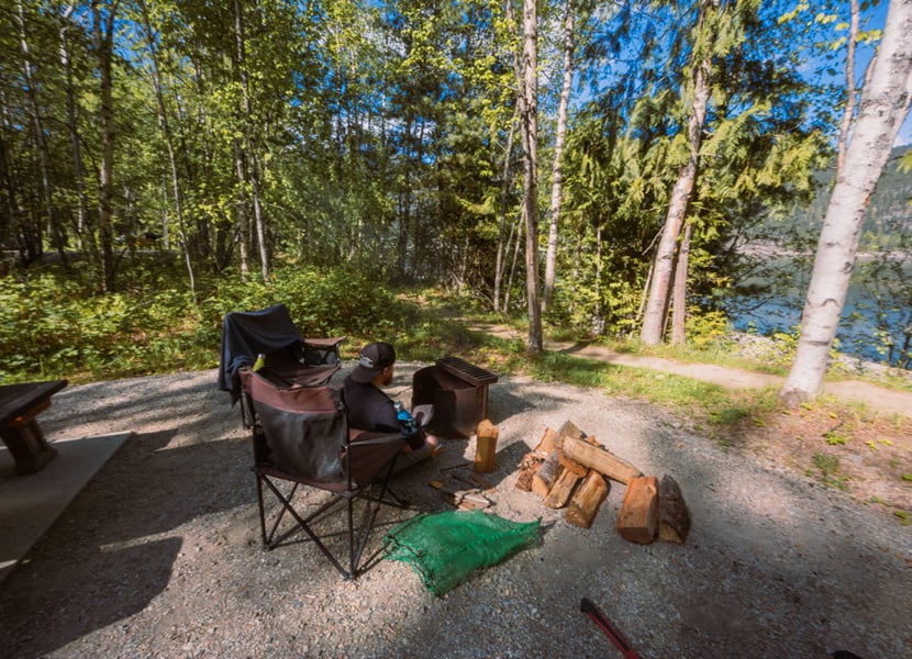 Man sits around a campfire.