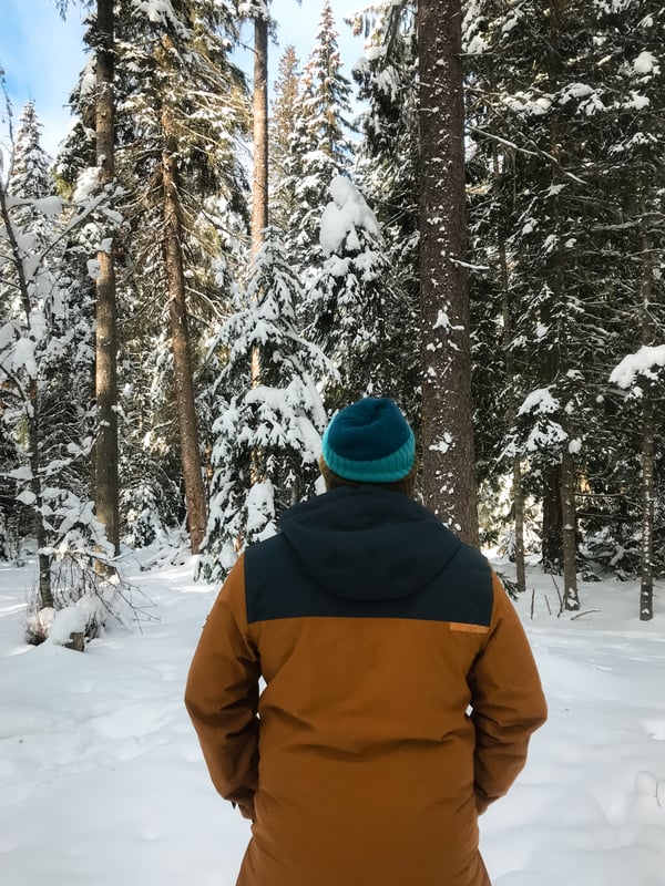 A man facing a forest covered in snow.