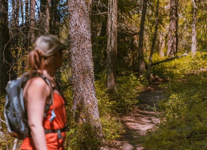 Woman looks down a hiking path in the forest