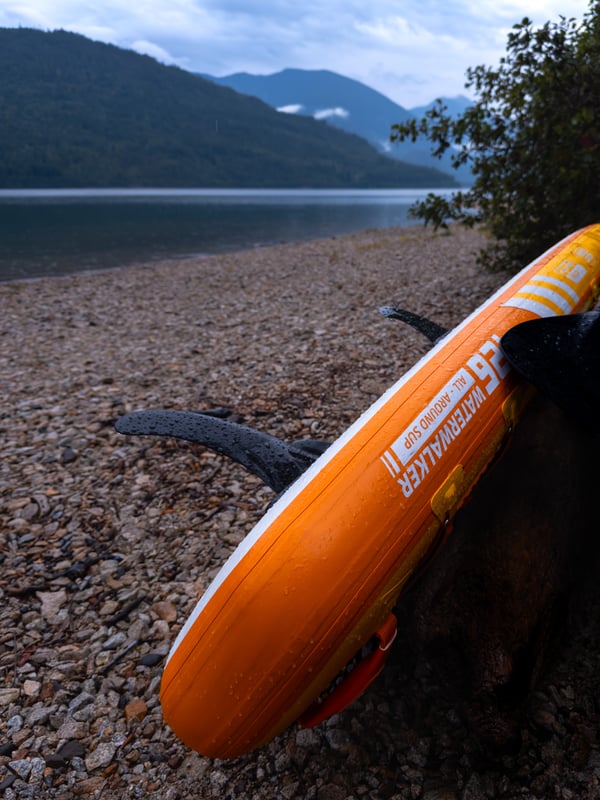 Thurso Surf Waterwalker paddleboard leaning against a log on the beach