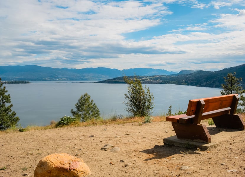 Bench overlooking Okanagan Lake, looking towards Kelowna and the bridge.