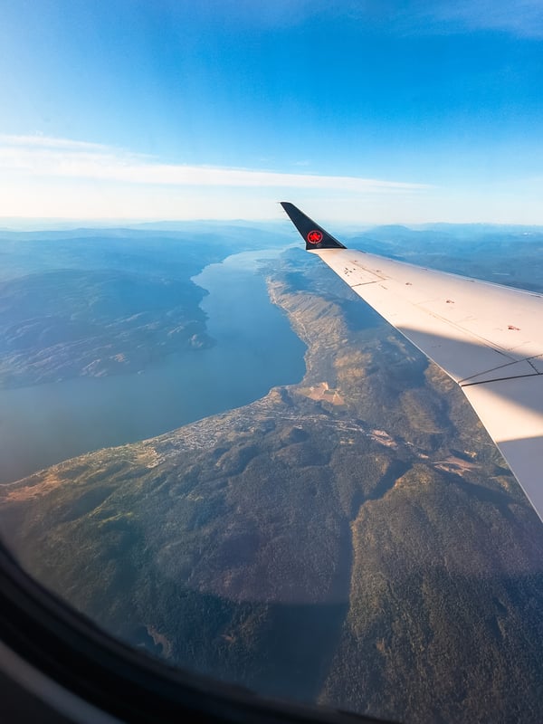 Aerial view from a Westjet window overlooking Okanagan Lake