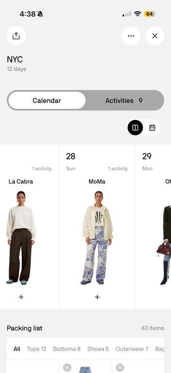 Alta trip packing screenshot, which shows your avatar wearing the outfit every day of your trip