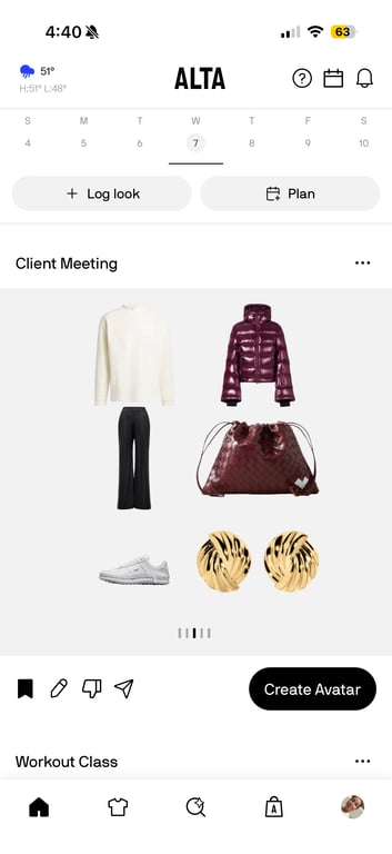 Alta home feed screenshot, which shows daily generated outfits from your real closet