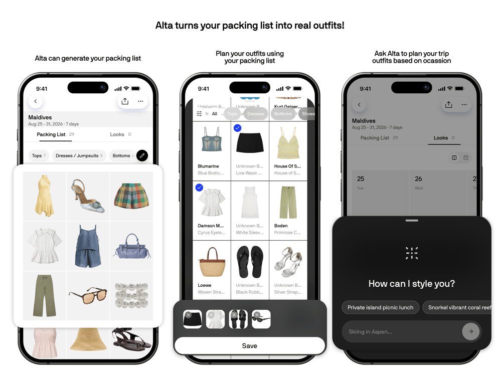 A packing list generated from planned outfits in Alta